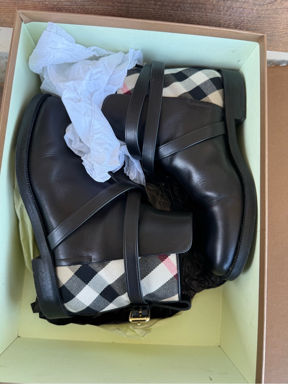 Burberry Black Leather Ankle Boots with Vintage Check Panels size 37.5